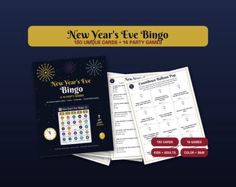 New Years Eve Bingo & Games, 130 Unique Cards, Printable NYE Party Games