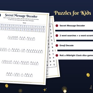 Może przedstawiać: Arkusz aktywności do druku zatytułowany Secret Message Decoder z kluczem kodu liczbowo-literowego i czterema ponumerowanymi liniami do rozwiązywania wiadomości. Obok znajduje się lista zawierająca Puzzles for Kids, Secret Message Decoder, 2 word searches, a word scramble, Emoji Decode oraz grę w kości Roll a Midnight Clock.