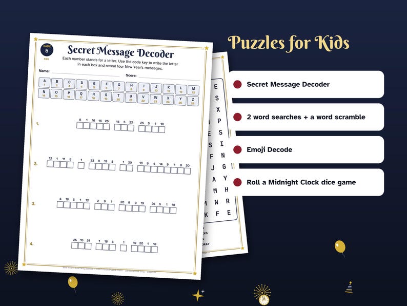 Może przedstawiać: Arkusz aktywności do druku zatytułowany Secret Message Decoder z kluczem kodu liczbowo-literowego i czterema ponumerowanymi liniami do rozwiązywania wiadomości. Obok znajduje się lista zawierająca Puzzles for Kids, Secret Message Decoder, 2 word searches, a word scramble, Emoji Decode oraz grę w kości Roll a Midnight Clock.