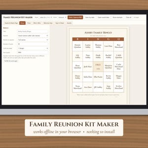 May include: A digital interface for a Family Reunion Kit Maker displayed on a laptop screen. The software features a bingo card generator titled Ashby Family Bingo with a grid of names, a free space, and various customization settings for printing.