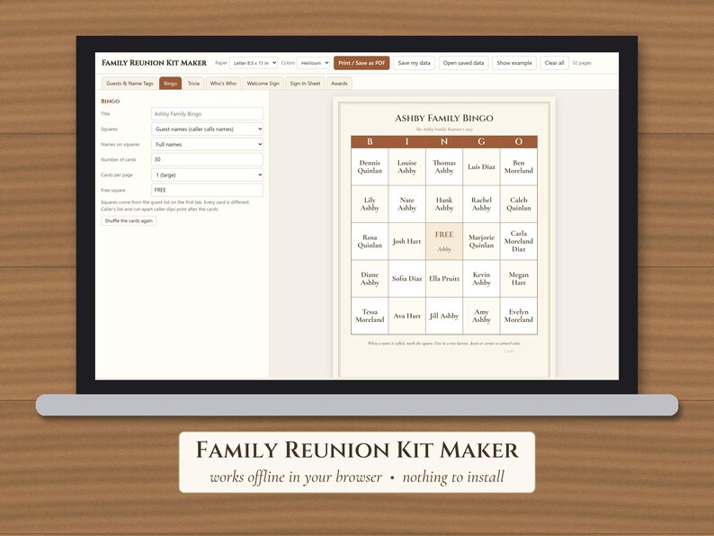 May include: A digital interface for a Family Reunion Kit Maker displayed on a laptop screen. The software features a bingo card generator titled Ashby Family Bingo with a grid of names, a free space, and various customization settings for printing.