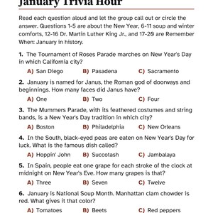 K&ouml;nnte beinhalten: Ein gedrucktes Quiz-Arbeitsblatt mit dem Titel January Trivia Hour Part 1 of 3. Die Seite enth&auml;lt sechs Multiple-Choice-Fragen zu Geschichte, Traditionen und Essen im Januar, wobei die Optionen A, B und C in rotem Text dargestellt sind. Die Fu&szlig;zeile lautet Front Porch Puzzle Press 11.