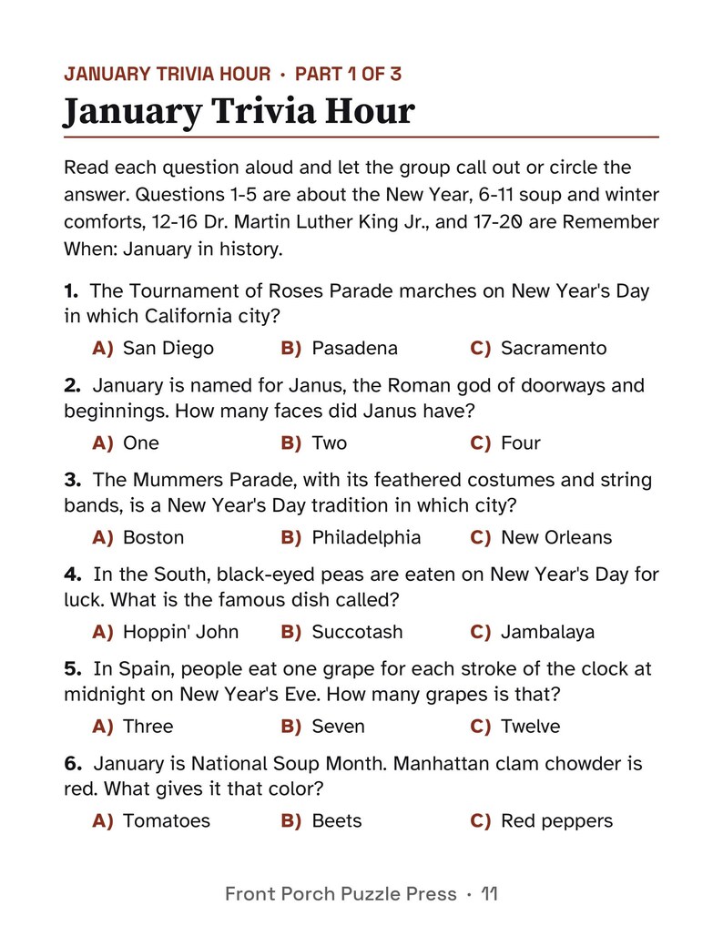 K&ouml;nnte beinhalten: Ein gedrucktes Quiz-Arbeitsblatt mit dem Titel January Trivia Hour Part 1 of 3. Die Seite enth&auml;lt sechs Multiple-Choice-Fragen zu Geschichte, Traditionen und Essen im Januar, wobei die Optionen A, B und C in rotem Text dargestellt sind. Die Fu&szlig;zeile lautet Front Porch Puzzle Press 11.
