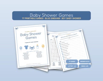 Blue Gingham Baby Shower Games Bundle, 17 Printable Party Activities (Digital Download)