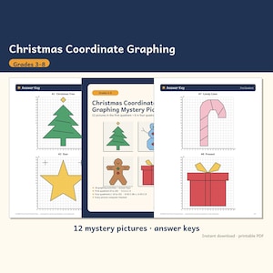 Pu&ograve; includere: Un set di fogli di lavoro per grafici di coordinate natalizie con 12 immagini misteriose e chiavi di risposta. Le pagine mostrano disegni su griglia di un albero di Natale verde, una stella gialla, un bastoncino di zucchero rosa e un regalo rosso.