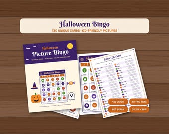 Halloween Bingo 130 Unique Cards, Printable Kids Picture Bingo Game