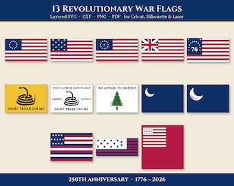 Könnte beinhalten: Eine digitale Sammlung von 13 Flaggen aus dem Amerikanischen Unabhängigkeitskrieg mit verschiedenen historischen Designs, darunter Streifenmuster, die Gadsden-Schlange mit DONT TREAD ON ME, ein Kiefernbaum mit AN APPEAL TO HEAVEN und Mondsicheln, beschriftet 1776-2026.