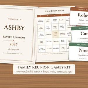Family Reunion Games Kit, Editable Name Bingo, Trivia & Name Tags, Printable
