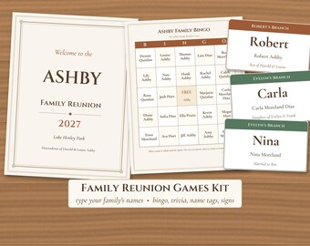 Family Reunion Games Kit, Editable Name Bingo, Trivia & Name Tags, Printable