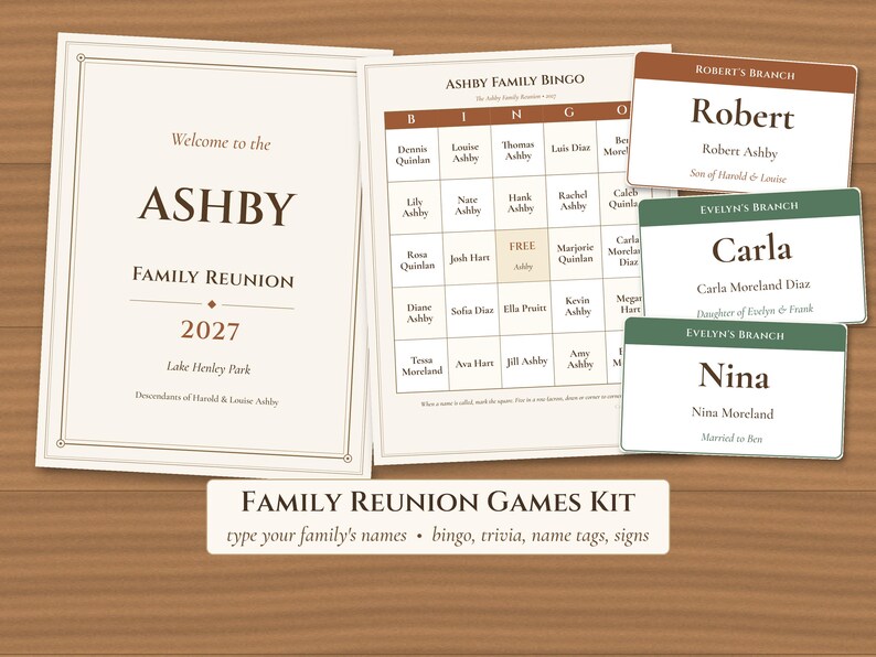 May include: A family reunion games kit featuring a welcome sign for the Ashby family reunion 2027, a bingo card with names, and three rectangular name tags labeled Robert's Branch and Evelyn's Branch with names and descriptions.