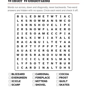 May include: A Winter Wonderland word search puzzle page featuring a grid of letters, instructions, and a list of words to find including Blizzard, Cardinal, Cocoa, Evergreen, Fireplace, Frost, Icicle, Mittens, Quilt, Scarf, Shovel, Skates, Sled, Snowflake, and Snowman.