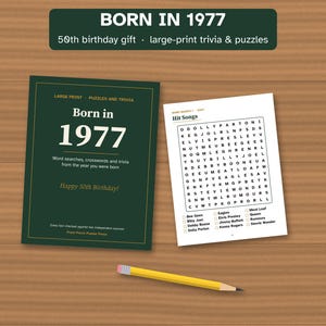50th Birthday Gift, Born in 1977 Nostalgia Trivia Book, Large Print Puzzles image 1