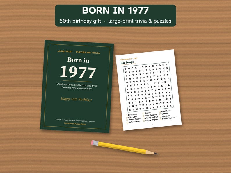 50th Birthday Gift, Born in 1977 Nostalgia Trivia Book, Large Print Puzzles image 1