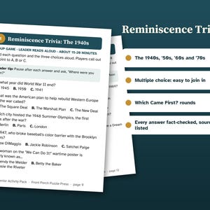 May include: A printed trivia game sheet titled Reminiscence Trivia: The 1940s, featuring five multiple-choice questions about historical events. The document includes instructions for a group game, leader tips, and a list of features including decades covered.