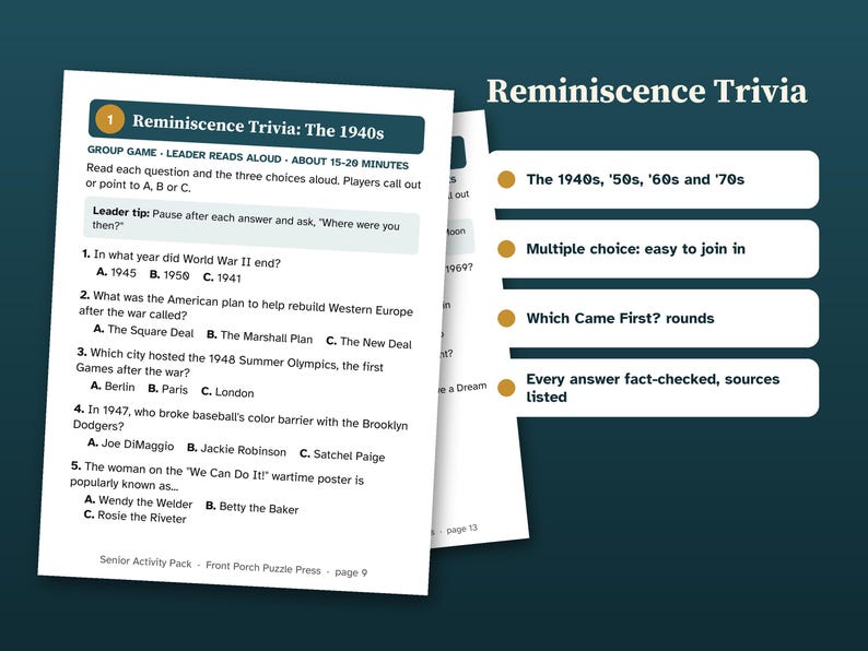 May include: A printed trivia game sheet titled Reminiscence Trivia: The 1940s, featuring five multiple-choice questions about historical events. The document includes instructions for a group game, leader tips, and a list of features including decades covered.