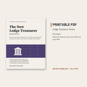 May include: A printable PDF workbook titled The New Lodge Treasurer, featuring a white cover with a purple grid and a white building icon. The text includes The New Treasurer Series, practice exercises, fill-in pages, and Front Porch Puzzle Press.