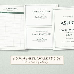 May include: A set of printed paper documents for a family reunion, including a Family Register sign-in sheet, two award certificates for Farthest Traveled and Oldest Relative Here, and a welcome sign for the Ashby Family Reunion 2027.