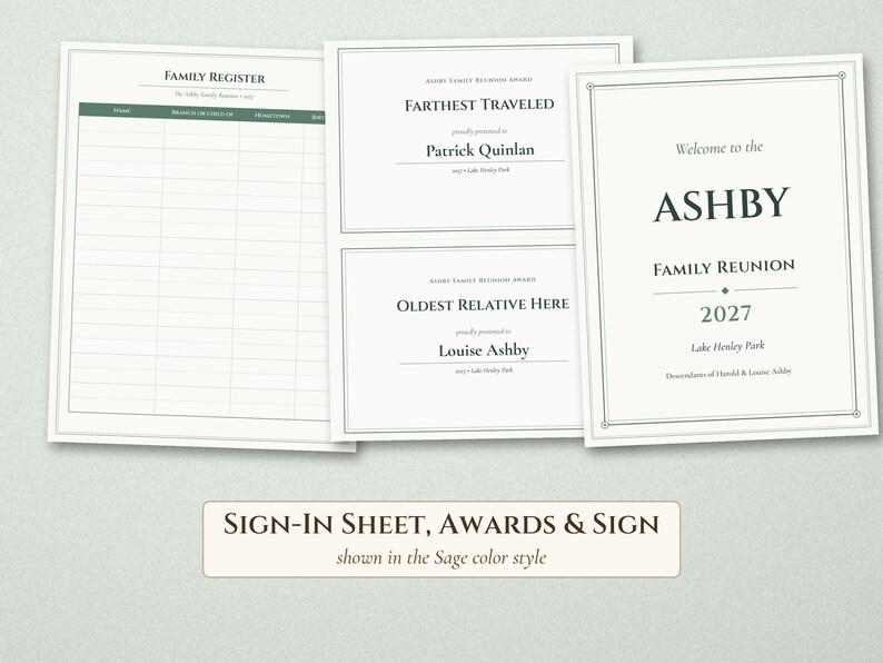 May include: A set of printed paper documents for a family reunion, including a Family Register sign-in sheet, two award certificates for Farthest Traveled and Oldest Relative Here, and a welcome sign for the Ashby Family Reunion 2027.