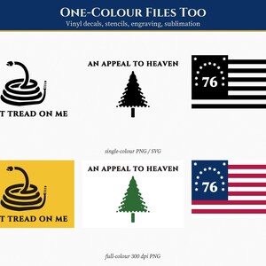 Pu&ograve; includere: Una raccolta digitale di file grafici con il serpente di Gadsden e il testo DONT TREAD ON ME, un pino con AN APPEAL TO HEAVEN e una bandiera 76. Include versioni in bianco e nero e a colori per vinile e applicazioni di stampa.