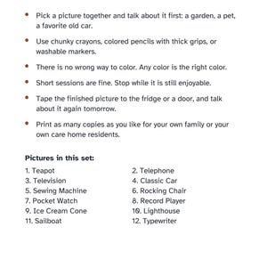Puede incluir: Un documento informativo blanco titulado Tips for Family and Caregivers con texto en negro. Incluye seis sugerencias con vi&ntilde;etas para actividades de colorear y una lista numerada de doce elementos que incluye una tetera y una m&aacute;quina de escribir.