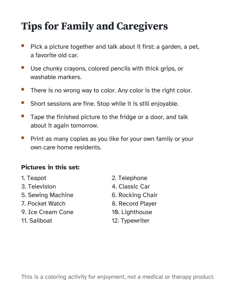 Puede incluir: Un documento informativo blanco titulado Tips for Family and Caregivers con texto en negro. Incluye seis sugerencias con vi&ntilde;etas para actividades de colorear y una lista numerada de doce elementos que incluye una tetera y una m&aacute;quina de escribir.
