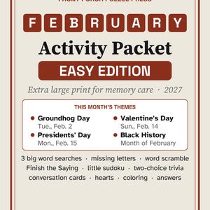 Easy February Activity Packet for Memory Care, Large Print Dementia Activities, Valentine's Day & Presidents' Day PDF image 1
