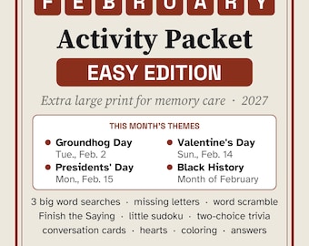 Easy February Activity Packet for Memory Care, Large Print Dementia Activities, Valentine's Day & Presidents' Day PDF