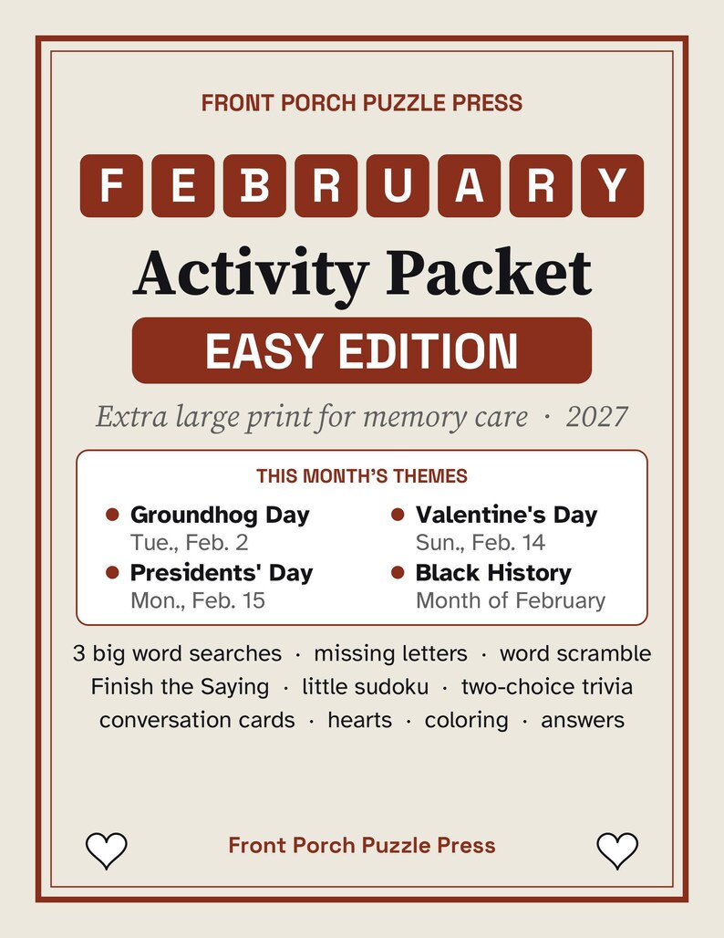 Easy February Activity Packet for Memory Care, Large Print Dementia Activities, Valentine's Day & Presidents' Day PDF image 1