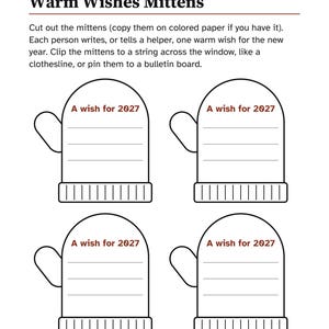 K&ouml;nnte beinhalten: Ein Arbeitsblatt mit dem Titel New Year Week Group Activity Warm Wishes Mittens. Es zeigt vier schwarz-wei&szlig;e F&auml;ustlingsumrisse, die jeweils den Text A wish for 2027 und drei horizontale Linien zum Schreiben enthalten.