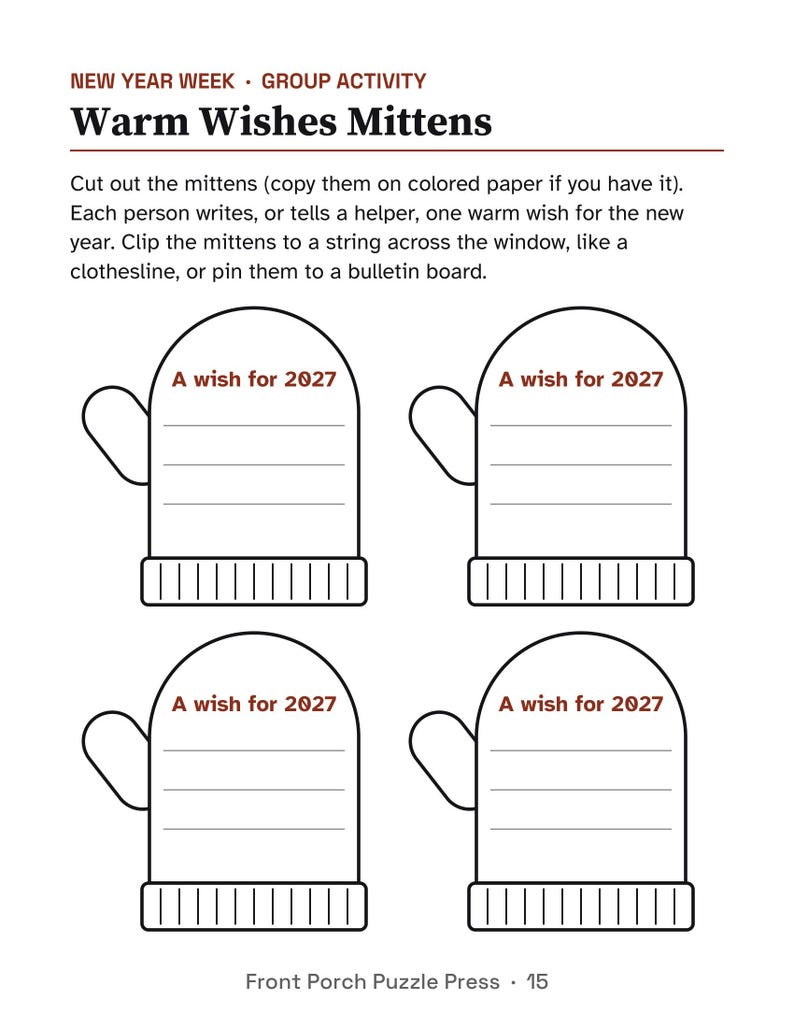 K&ouml;nnte beinhalten: Ein Arbeitsblatt mit dem Titel New Year Week Group Activity Warm Wishes Mittens. Es zeigt vier schwarz-wei&szlig;e F&auml;ustlingsumrisse, die jeweils den Text A wish for 2027 und drei horizontale Linien zum Schreiben enthalten.