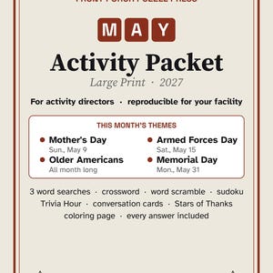 May Large Print Activity Packet for Seniors, Mother's Day & Memorial Day Puzzles and Trivia