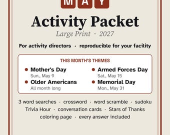 Paquete de actividades en letra grande para personas mayores, rompecabezas y trivias para el Día de la Madre y el Día de los Caídos.