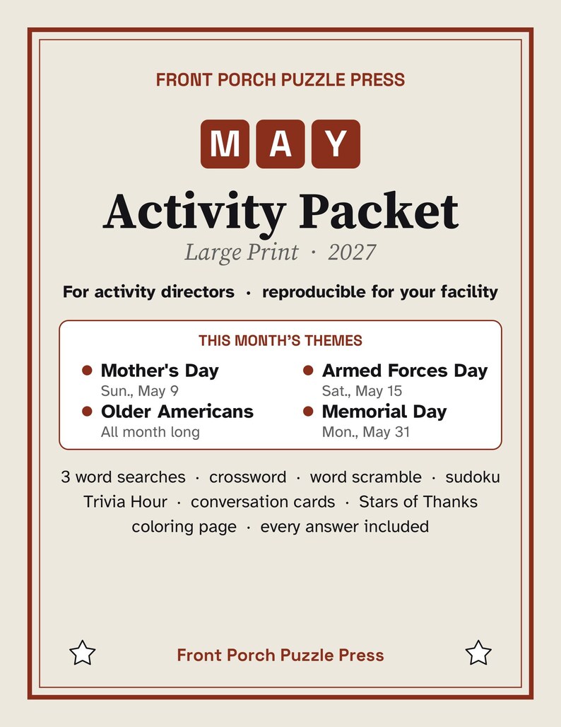 Paquete de actividades en letra grande para personas mayores, rompecabezas y trivias para el Día de la Madre y el Día de los Caídos. imagen 1