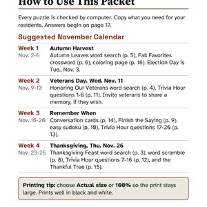 K&ouml;nnte beinhalten: Ein gedrucktes Dokument mit dem Titel For the Activity Director: How to Use This Packet, das einen vorgeschlagenen November-Kalender mit vier Wochen voller Aktivit&auml;ten wie Wortsuchr&auml;tseln, Kreuzwortr&auml;tseln, Trivia und Gespr&auml;chskarten enth&auml;lt.
