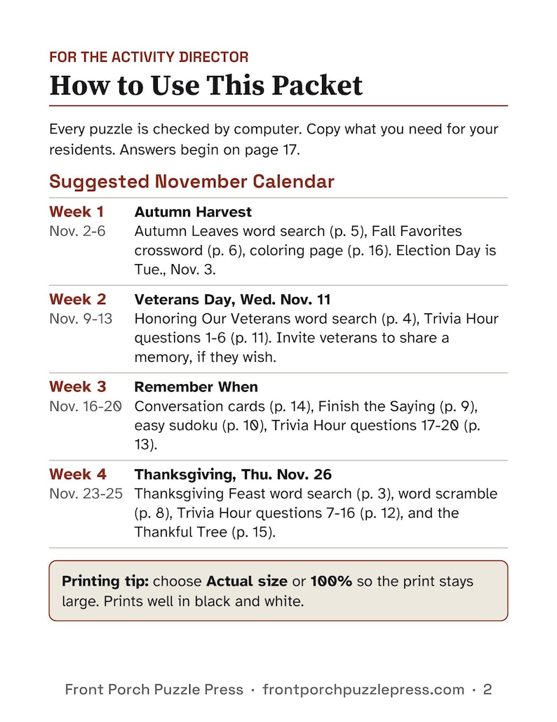 K&ouml;nnte beinhalten: Ein gedrucktes Dokument mit dem Titel For the Activity Director: How to Use This Packet, das einen vorgeschlagenen November-Kalender mit vier Wochen voller Aktivit&auml;ten wie Wortsuchr&auml;tseln, Kreuzwortr&auml;tseln, Trivia und Gespr&auml;chskarten enth&auml;lt.