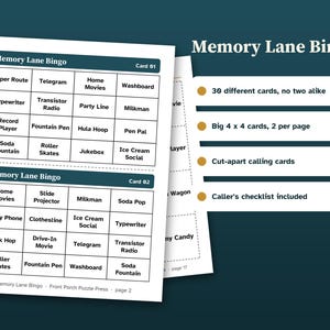 May include: Memory Lane Bingo game sheets featuring two 4x4 grid cards per page with terms like Paper Route, Telegram, and Jukebox. The set includes 30 unique cards, cut-apart calling cards, and a caller's checklist. The text reads Memory Lane Bingo.