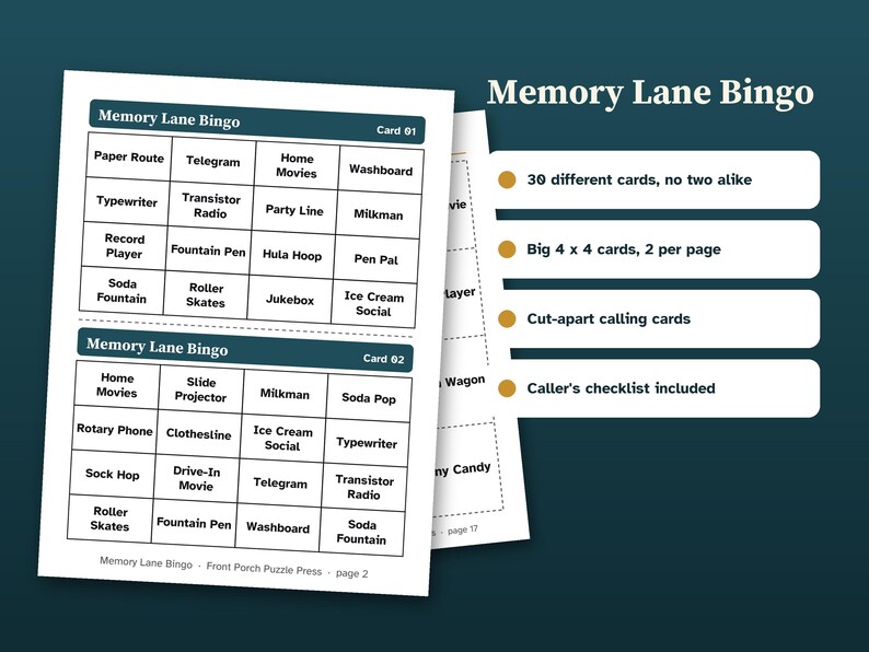 May include: Memory Lane Bingo game sheets featuring two 4x4 grid cards per page with terms like Paper Route, Telegram, and Jukebox. The set includes 30 unique cards, cut-apart calling cards, and a caller's checklist. The text reads Memory Lane Bingo.
