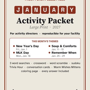 January Large Print Activity Packet for Seniors, New Year & Winter Puzzles and Trivia
