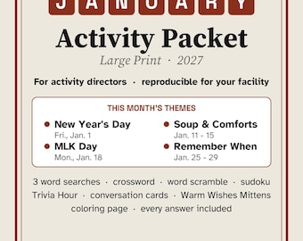 Puede incluir: Un paquete de actividades en letra grande de Front Porch Puzzle Press para enero de 2027 con fondo crema y borde rojo oscuro. Incluye temas como Año Nuevo, MLK Day, sopas y confort, además de sopas de letras, crucigramas y sudoku.