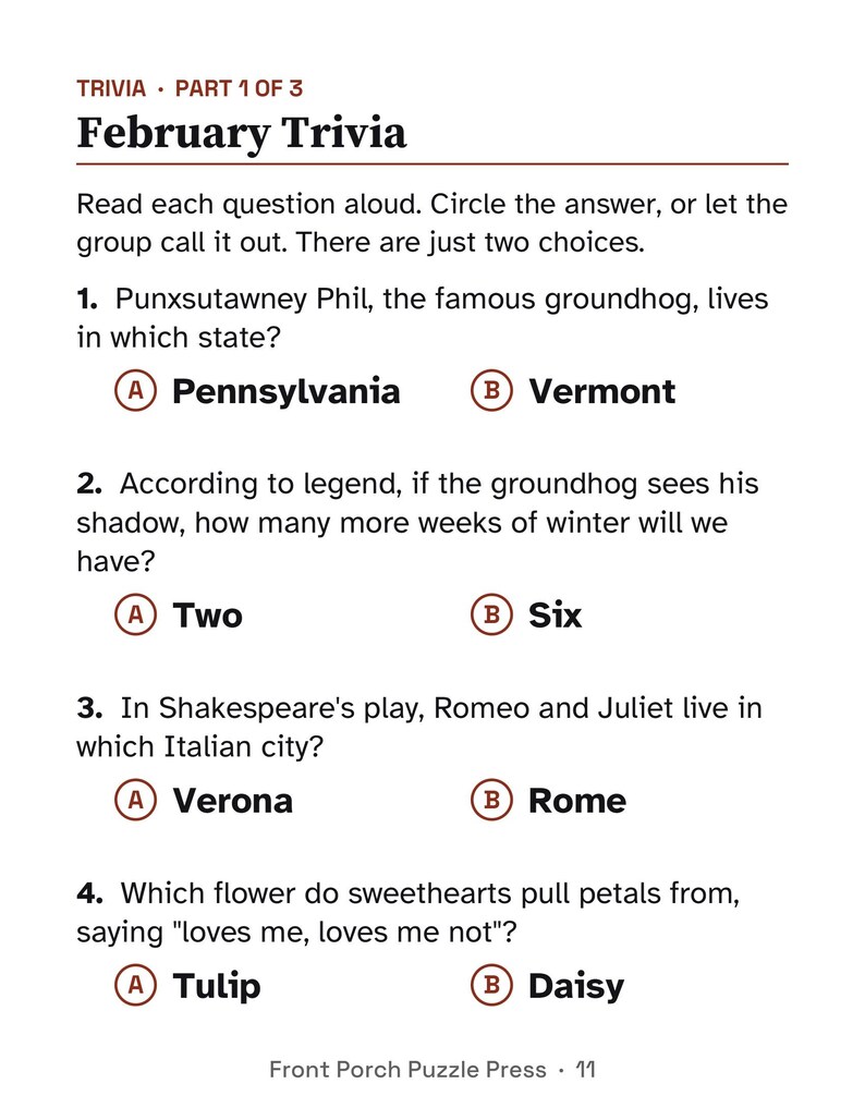 Easy February Activity Packet for Memory Care, Large Print Dementia Activities, Valentine's Day & Presidents' Day PDF image 4