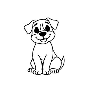 Puede incluir: Una ilustraci&oacute;n en blanco y negro de un cachorro sentado con ojos grandes, orejas ca&iacute;das y una cola peque&ntilde;a. La palabra Dog est&aacute; impresa en texto negro sobre el cachorro. El dibujo presenta contornos marcados y un dise&ntilde;o simple.