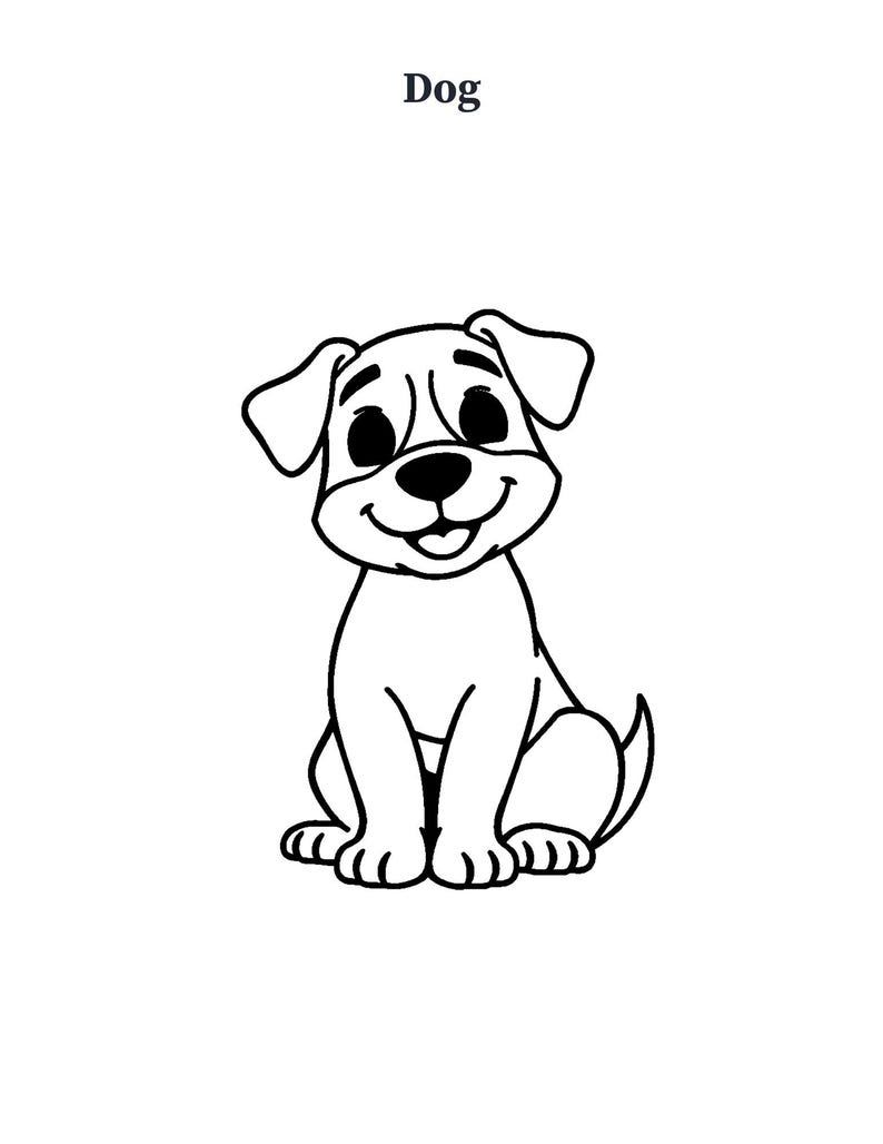 Puede incluir: Una ilustraci&oacute;n en blanco y negro de un cachorro sentado con ojos grandes, orejas ca&iacute;das y una cola peque&ntilde;a. La palabra Dog est&aacute; impresa en texto negro sobre el cachorro. El dibujo presenta contornos marcados y un dise&ntilde;o simple.