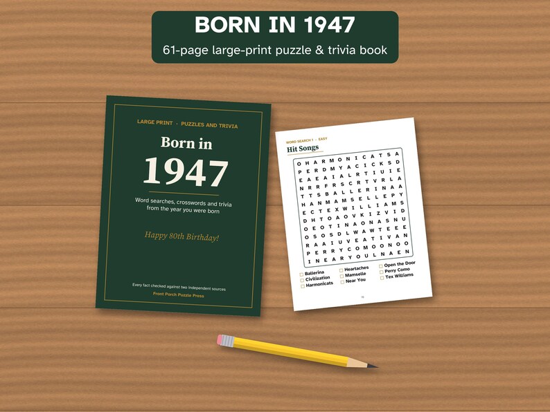 Born in 1947 Puzzle Book, 80th Birthday Gift, Large Print Trivia image 1