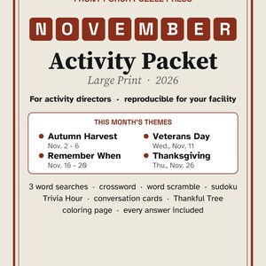 Könnte beinhalten: Ein Front Porch Puzzle Press November-Aktivitätspaket für 2026 in Großdruck. Das Dokument listet Themen wie Autumn Harvest, Veterans Day, Remember When und Thanksgiving auf, sowie Wortsuchrätsel, Kreuzworträtsel und Sudoku.