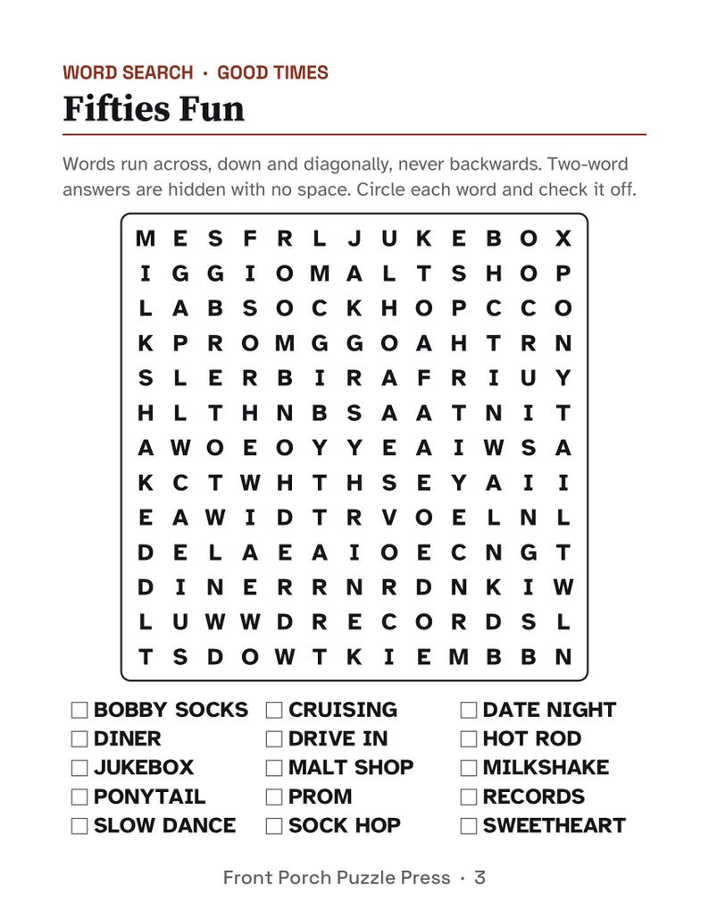 1950s Large Print Activity Packet for Seniors, Fifties Trivia & Puzzles, Memory Care Reminiscence image 3