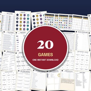 Może przedstawiać: Kolekcja arkuszy z grami na Sylwestra do druku, zawierająca r&oacute;żne aktywności, takie jak bingo, ciekawostki, wykreślanki i podchody, z dużym czerwonym kołem pośrodku z białym napisem 20 GAMES ONE INSTANT DOWNLOAD.