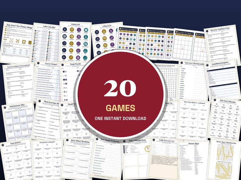 Może przedstawiać: Kolekcja arkuszy z grami na Sylwestra do druku, zawierająca r&oacute;żne aktywności, takie jak bingo, ciekawostki, wykreślanki i podchody, z dużym czerwonym kołem pośrodku z białym napisem 20 GAMES ONE INSTANT DOWNLOAD.