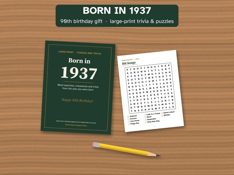 90th Birthday Gift, Born in 1937 Nostalgia Trivia Book, Large Print Puzzles image 1