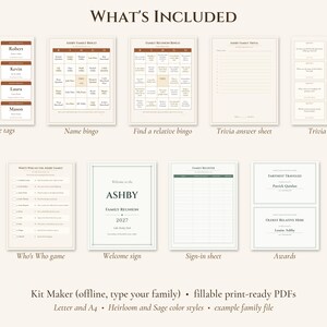 May include: A family reunion printable kit featuring name tags, bingo cards, trivia sheets, a Who's Who game, a welcome sign, a sign-in sheet, and award cards. The text includes What's Included, Ashby Family Reunion 2027, and Kit Maker.