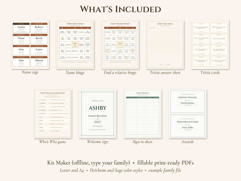 May include: A family reunion printable kit featuring name tags, bingo cards, trivia sheets, a Who's Who game, a welcome sign, a sign-in sheet, and award cards. The text includes What's Included, Ashby Family Reunion 2027, and Kit Maker.